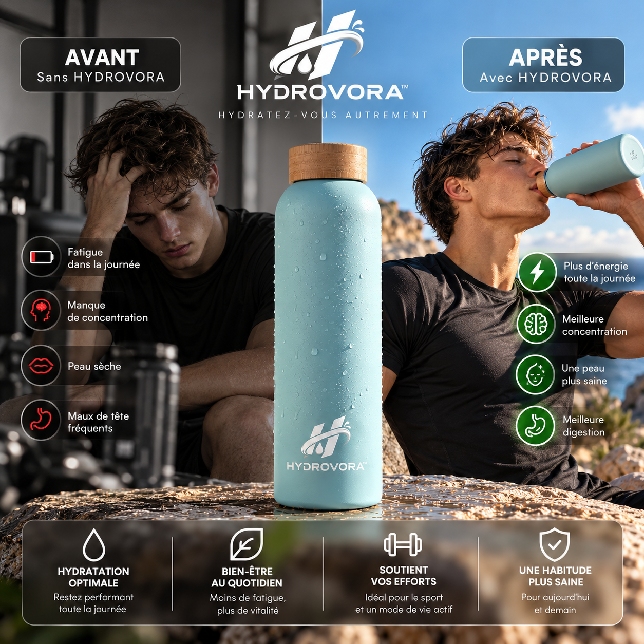 HYDROVORA™ – Bouteille Isotherme en Acier Inoxydable | Bouchon en Bambou