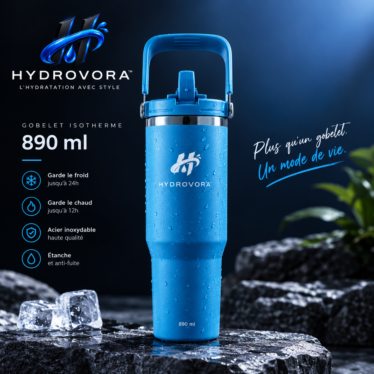 HYDROVORA™ – Gobelet Isotherme en Inox 890 ml avec Paille et Poignée
