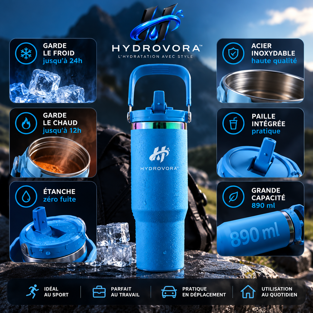 HYDROVORA™ – Gobelet Isotherme en Inox 890 ml avec Paille et Poignée