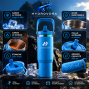 HYDROVORA™ – Gobelet Isotherme en Inox 890 ml avec Paille et Poignée