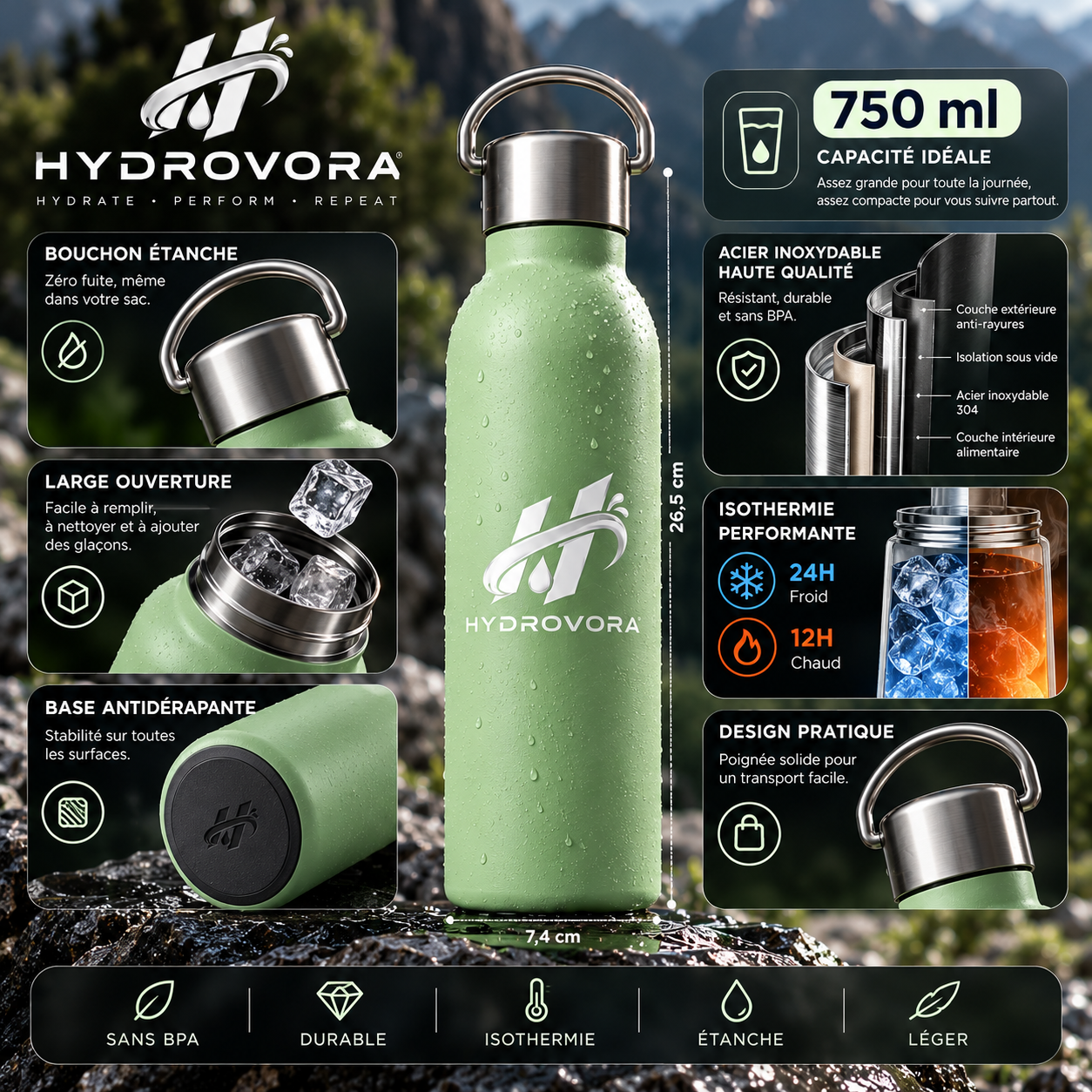 HYDROVORA™ – Gourde Isotherme en Acier Inoxydable 750 ml