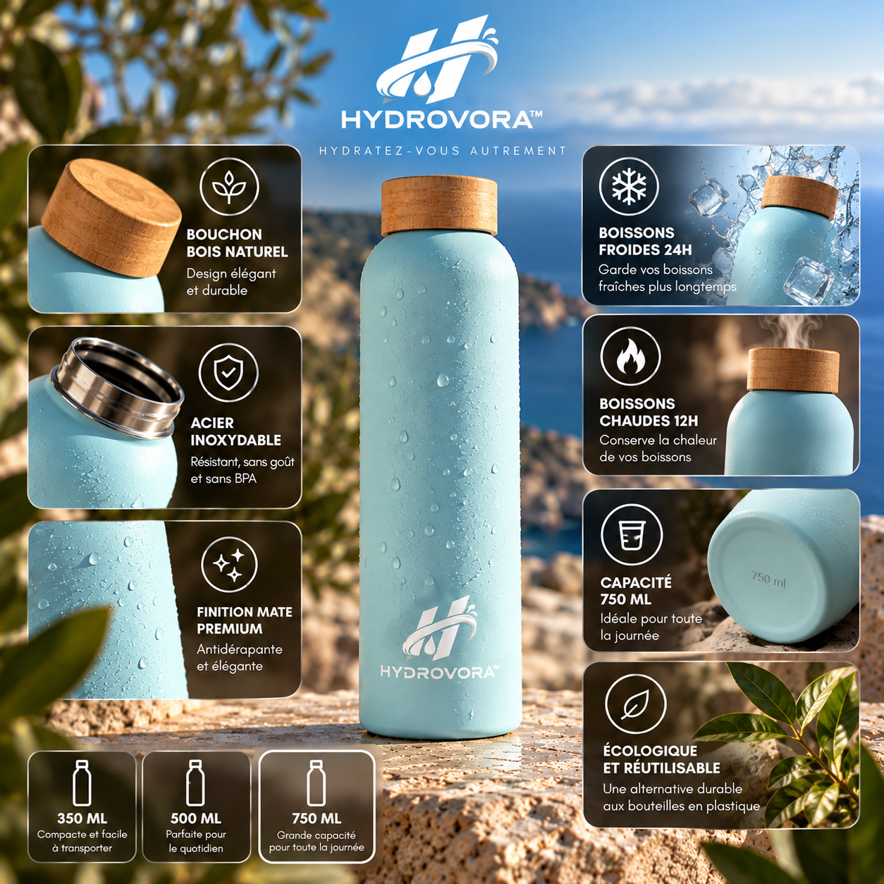 HYDROVORA™ – Bouteille Isotherme en Acier Inoxydable | Bouchon en Bambou