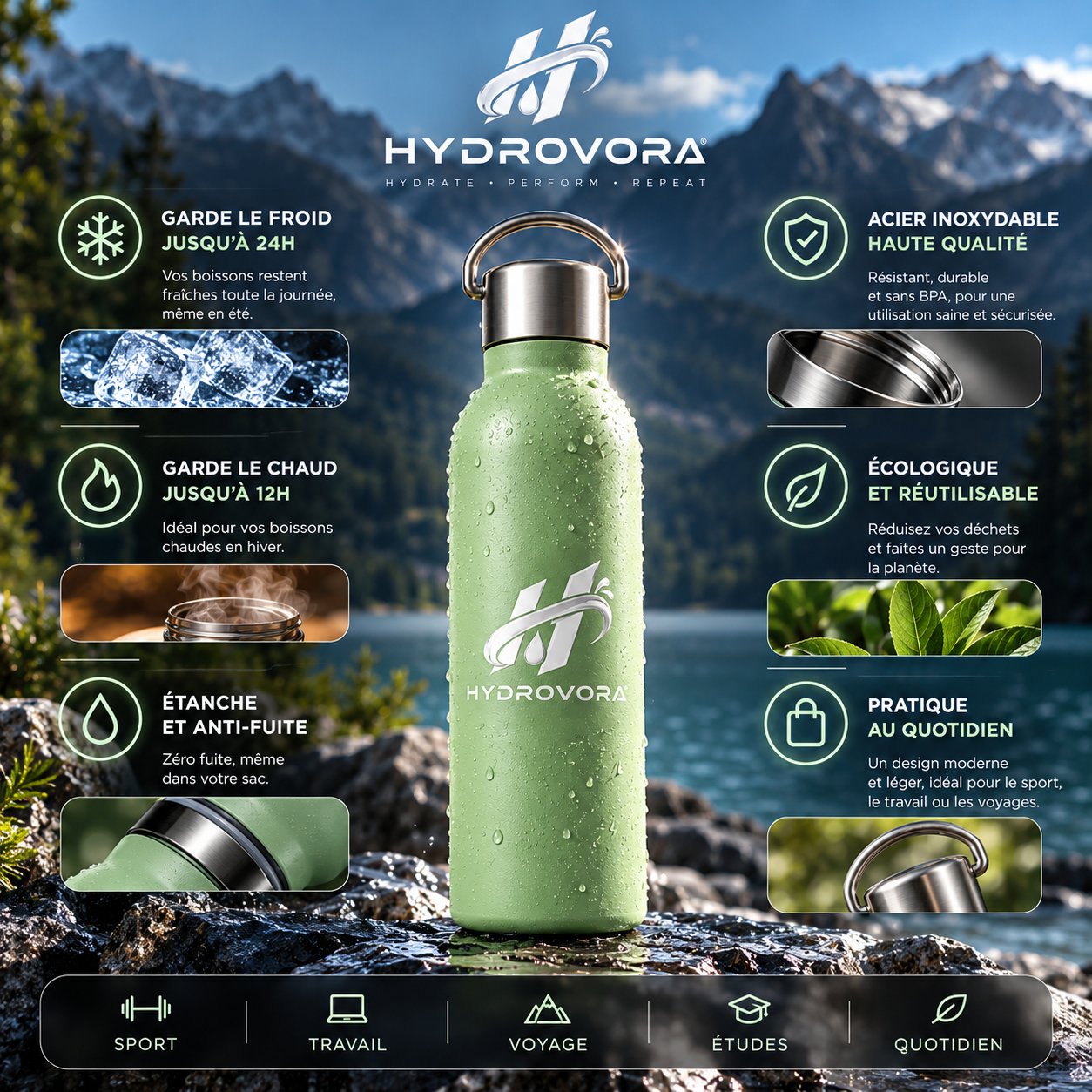 HYDROVORA™ – Gourde Isotherme en Acier Inoxydable 750 ml