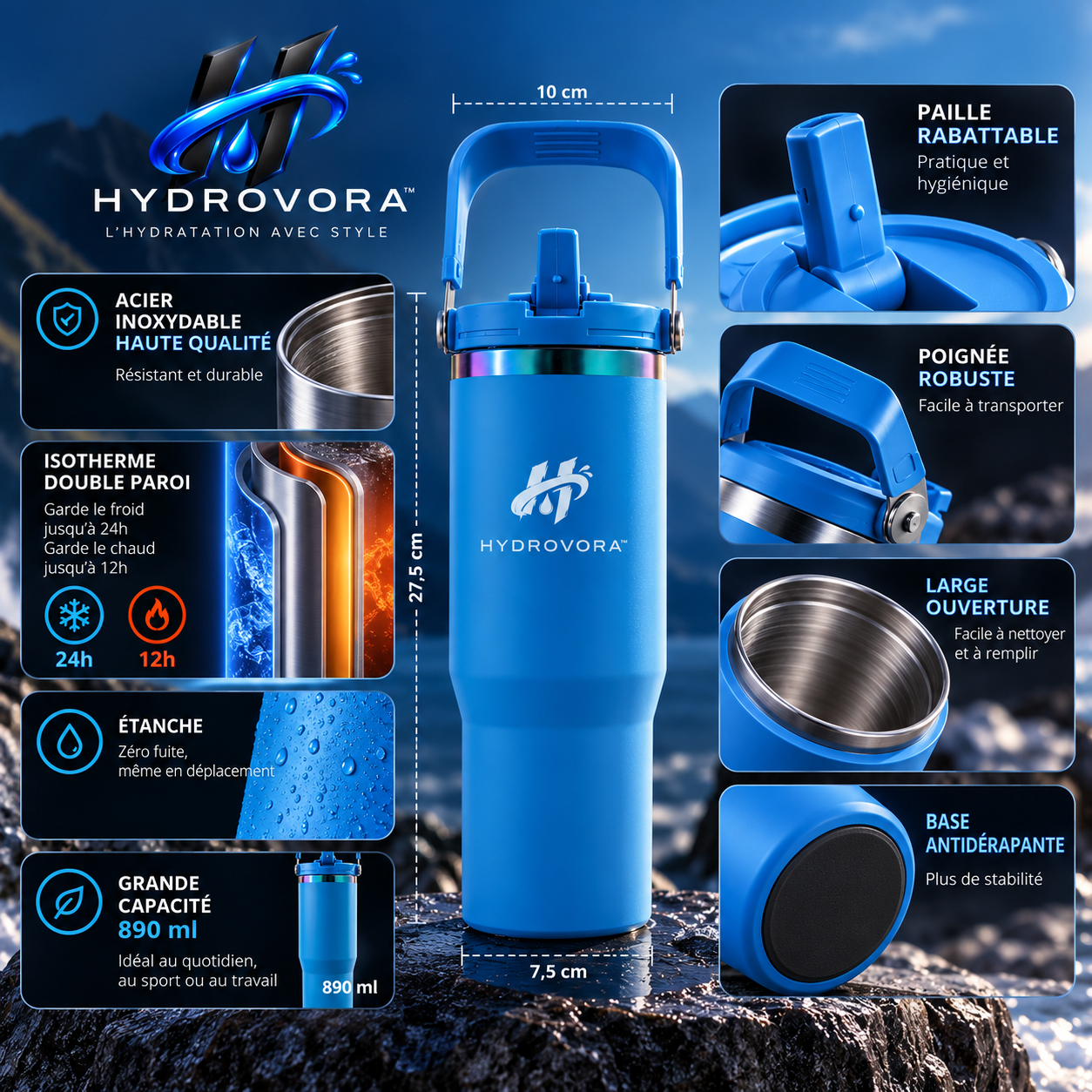 HYDROVORA™ – Gobelet Isotherme en Inox 890 ml avec Paille et Poignée