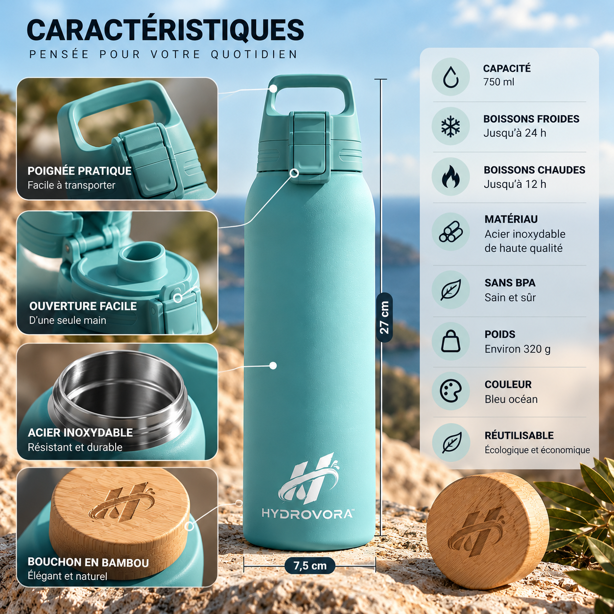 HYDROVORA™ – Bouteille Isotherme en Acier Inoxydable